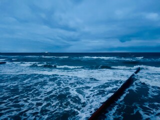 Night seascape, sea surface, deep blue color