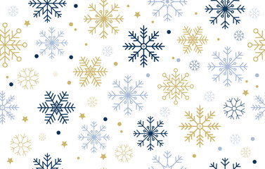 Christmas, New Year seamless pattern with golden, blue and navy snowflakes on the white background. Cute vector textures for wrapping paper. Winter holidays concept.