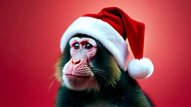 Monkey wearing a Santa hat is staring at the camera. The image has a festive and playful mood, as the monkey is dressed up in a hat and he is enjoying the attention