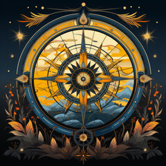 Fototapeta premium Intricate illustration of a celestial compass surrounded by botanical elements and mountains
