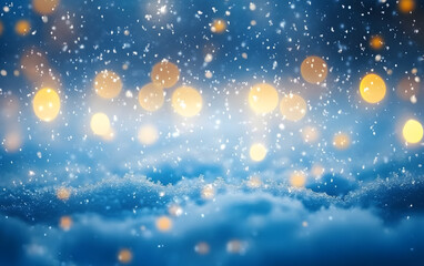 Blur snow blue background. Soft snowfall against a blurred blue background with glowing bokeh lights, creating a peaceful winter ambiance.