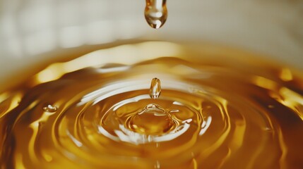 Close-up of a single droplet released from a dropper onto a liquid surface, capturing ripples and reflections, highlighting motion, texture, and fluid detail in a serene composition.