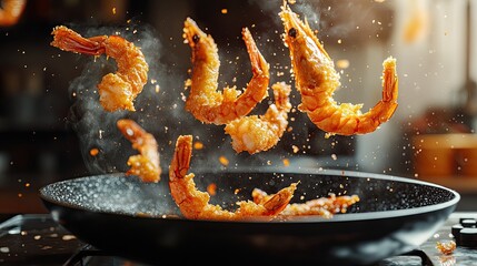 Saut&eacute;ed prawns floating on a frying pan.