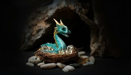 어두운 동굴 안, 보석이 가득한 둥지 위에 앉아있는 드래곤