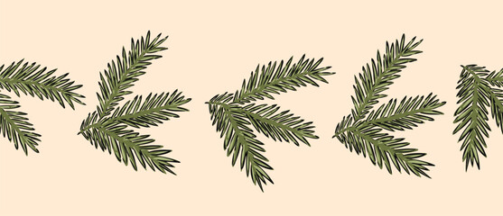 Seamless edging border, Christmas ribbon design green fir branch with needles, hand drawn vector illustration © Evgeniya Sheydt