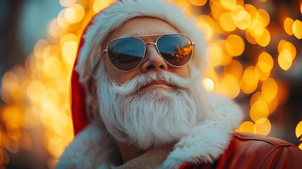 Cool Santa Claus in Sunglasses Christmas Lights Background