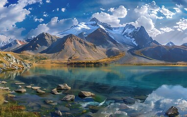 Obraz premium Fantastic mountain landscape with blue lake. Dramatic sky with clouds reflected in water