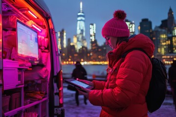 Fototapeta premium Young woman using tablet in food truck with vibrant neon lights against city skyline at dusk, showcasing urban lifestyle and technology integration in modern dining experience
