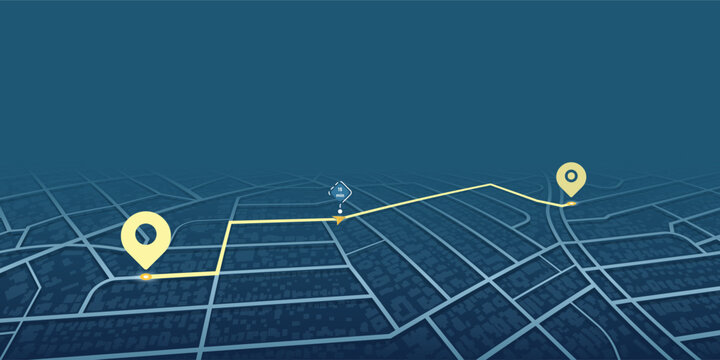 Abstract GPS navigation. Location tracker dashboard with data of arrive time. City street road with pins on map. Street roads and location, vector background. Huge city top view