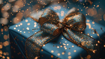 Shining Holiday Magic: Holiday party gift box with golden ribbon bow on festive birthday background with balloons, confetti.
