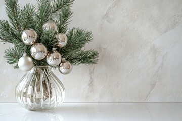 holiday table setting, simple christmas decor glass vase with silver baubles and pine sprigs on white countertop perfect for text addition