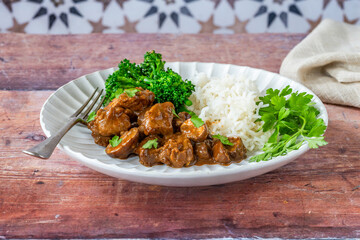 Pork Stroganoff with rice and tenderstem broccoli