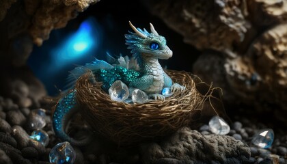 Obraz premium 어두운 동굴 안, 보석이 가득한 둥지 위에 앉아있는 드래곤 