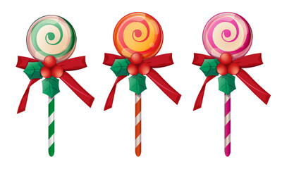 Traditional christmas candy with bow on a white background. Set of christmas candies. Christmas decoration. Merry Christmas. Vector illustration	