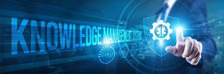 Businessman hand touches a shield, knowledge management systems protect sensitive information. The concept represents safeguarding organizational knowledge, intellectual property, data security.