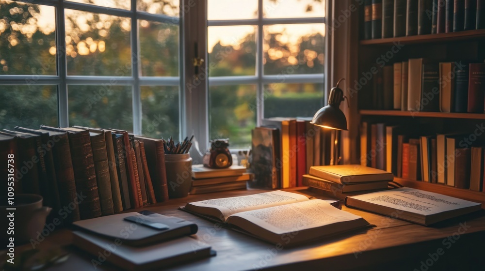 Poster Open Book on a Desk with a Lamp and a Window View