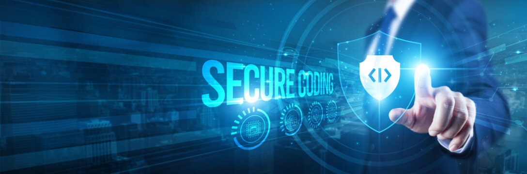 Businessman hand touches a shield, secure coding prevents vulnerabilities. The concept represents safeguarding software integrity, personal data security, system reliability, user privacy, resilience.