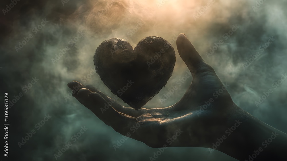 Poster a silhouetted hand holding a textured heart symbol against a mysterious background of smoke and ligh
