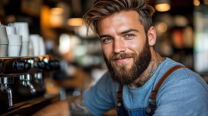 Obraz premium Smiling barista at coffee shop counter.