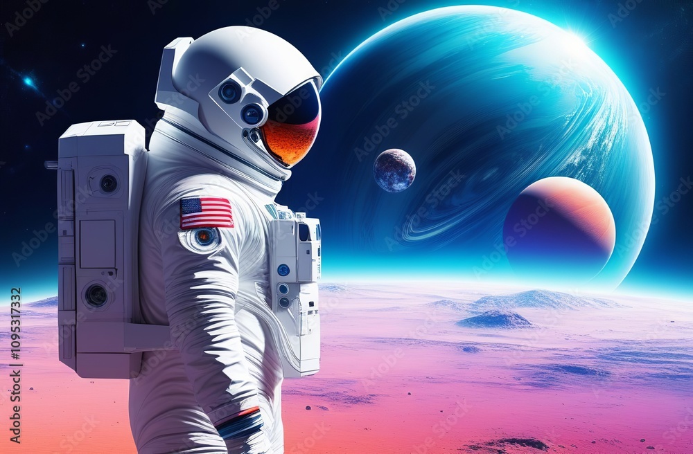 Wall mural an astronaut in outer space looks at the planets. an astronaut in a spacesuit. futuristic pink lands
