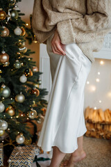 Young beautiful woman sitting near the Christmas tree and opening gifts. Winter holidays.