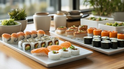 Assorted sushi platters with various rolls, nigiri, and sashimi on a wooden table.