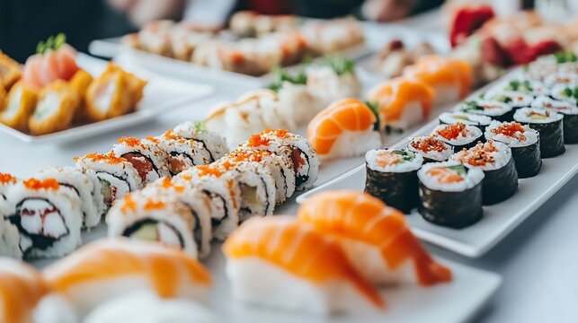 Assorted sushi on white plates.