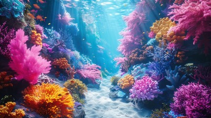 A surreal underwater world with vibrant, fantastical sea creatures and colorful coral formations