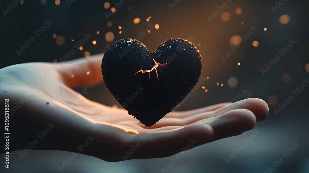 Poster black heart with cracks and sparkles in a gentle hand, symbolizing love, vulnerability, and emotiona