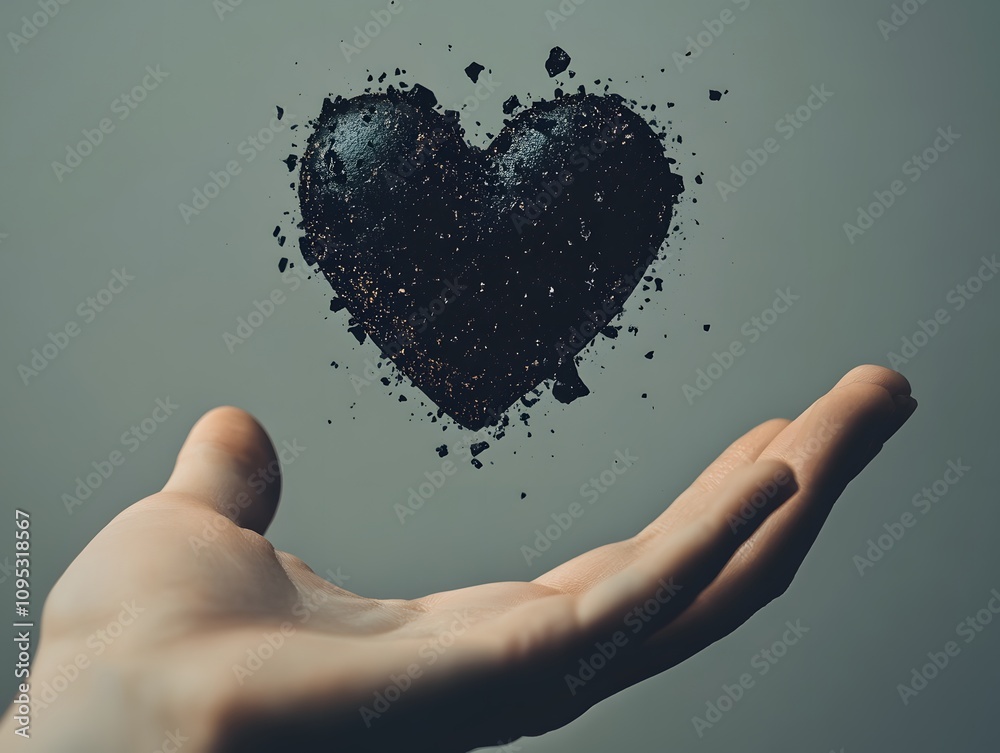 Poster hand holding a floating heart made of dark particles symbolizing love, emotion, and fragility agains