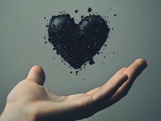 Hand Holding a Floating Heart Made of Dark Particles Symbolizing Love, Emotion, and Fragility Against a Soft Gray Background