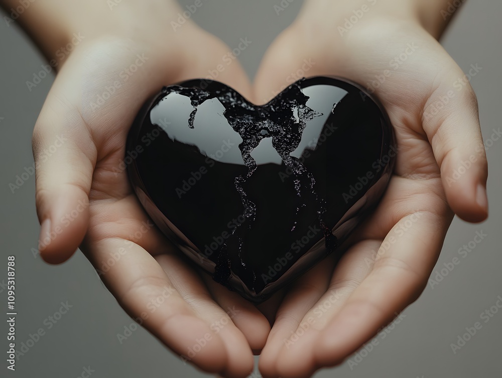 Aufkleber Black Heart Sculpture Embraced in Hands Symbolizing Love, Emotion, and Compassion with Dark Reflective Surface Capturing Depth and Introspection in a Minimalistic Setting