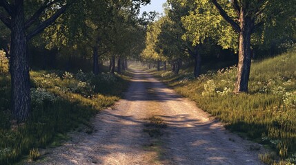 Obraz premium A winding dirt road through a lush green forest, sunlight dappling the path.