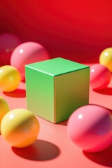 Colorful Geometric Shapes on Vibrant Background: A Green Cube Surrounded by Colorful Balls in Red and Pink Tones for Creative Conceptual Imagery