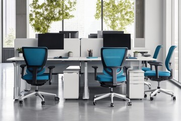 Modern Office Workspace with Blue Mesh Chairs - Stylish office desks, blue ergonomic chairs, modern workspace, efficient design, teamwork environment.