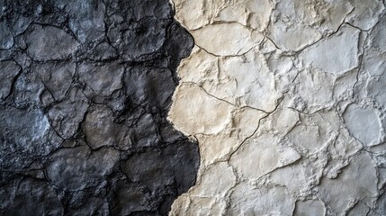 Fototapeta premium Textured wall with a striking contrast of black and white, highlighting intricate cracks and a raw, artistic feel.
