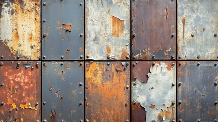 Close-up of weathered metal panels with rust and peeling paint, showcasing industrial textures and colors.