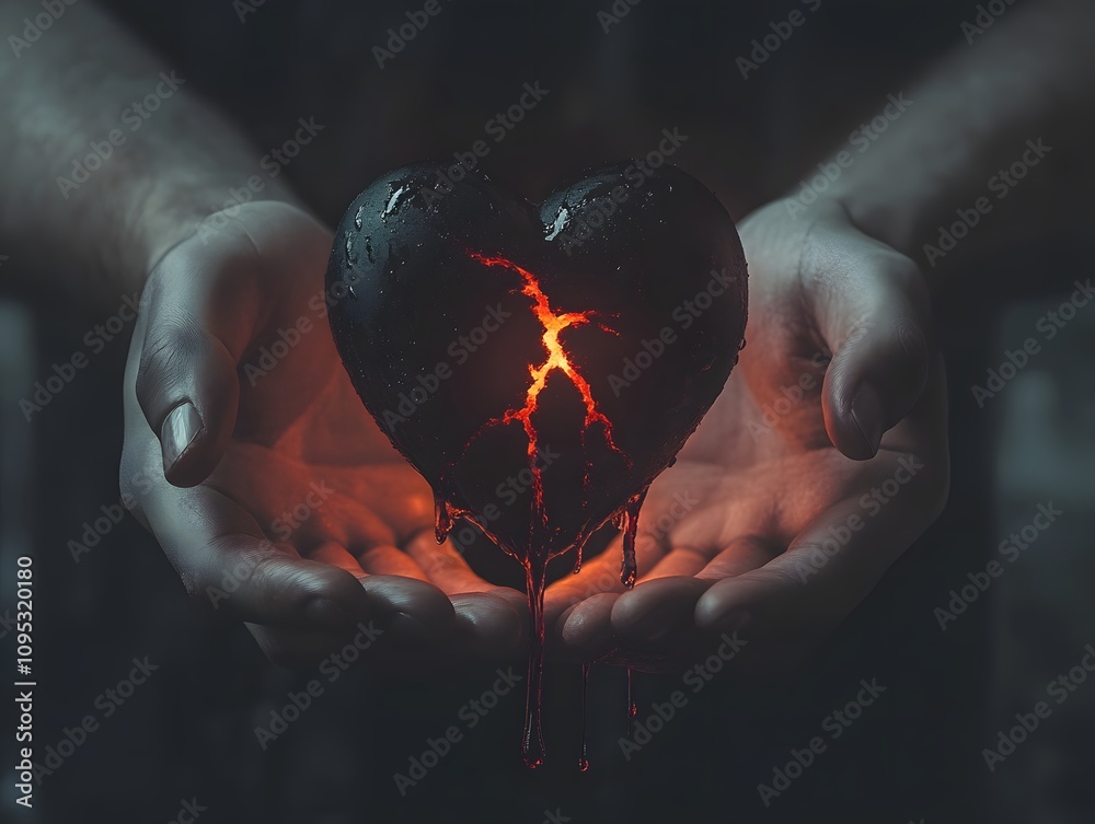 Poster intriguing visual of a black heart with lava erupting from a crack held in hands against a dark back