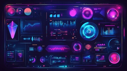 Obraz premium Futuristic HUD interface with vibrant graphs and data visualizations.