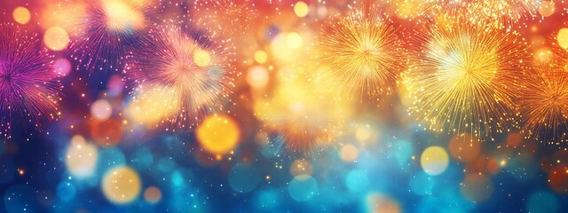Fototapeta premium Vibrant Fireworks Display Against Dark Blue Sky 