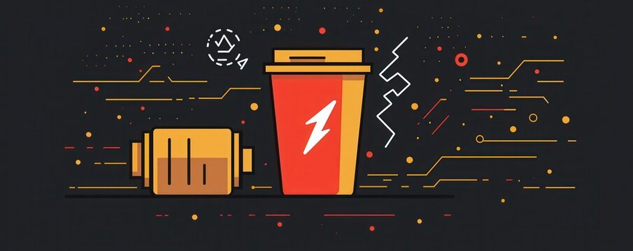 Stylized illustration of a coffee cup with battery and lightning icons emphasizing energy and productivity