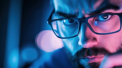 The concerned expression of a cybersecurity expert monitoring digital threats, Reflecting the importance of cybersecurity in a digital age, photography style