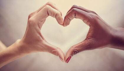 Obraz premium Two hands of different skin tones form a heart shape against a soft, blurred background, symbolizing unity and love Generative AI