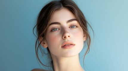 Fototapeta premium Serene Beauty: A Close-Up Portrait of a Young Woman - Close-up portrait of a young woman, showcasing natural beauty, calm expression, soft lighting, and flawless skin. Symbolizing serenity, youth, pu