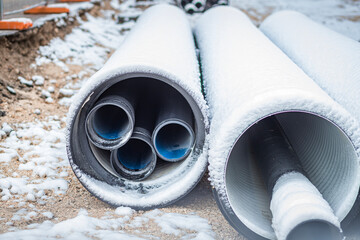 Close-up of large industrial pipes covered in frost and snow at a construction site during winter....