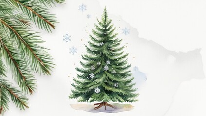 A serene and dignified Christmas fir tree, adorned with delicate snowflakes and sparse ornaments, stands majestically in the center of a crisp white or transparent background, its lush green branches 