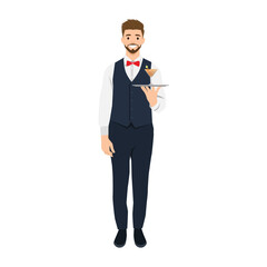 Obraz premium Bartender serving cocktail on a tray. Flat vector illustration isolated on white background
