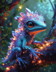 Obraz premium A tiny shiny crystal dragon creature with sparkling, rainbow crystalline fur, happy little animal with cute eyes, glowing tiny gemstones, large and luminous eyes, magical trees, fantasy pet