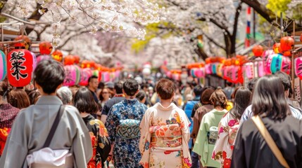 Obraz premium Cherry blossom festival, traditional kimono attire, vibrant street scene filled with festivities and lanterns, spring colors dominate the atmosphere at this lively cultural event