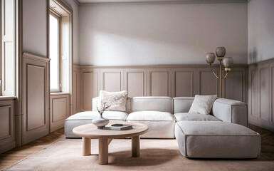 Clean modern living room with minimalist furniture and plenty of natural light from large windows.